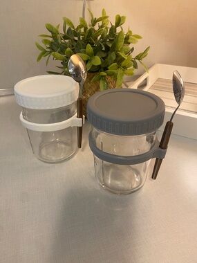 Glass Jar with Spoon - White & Gray Lids